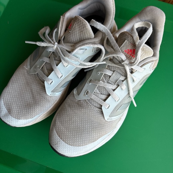 adidas Shoes - adidas light gray and white athletic sneakers with red logo